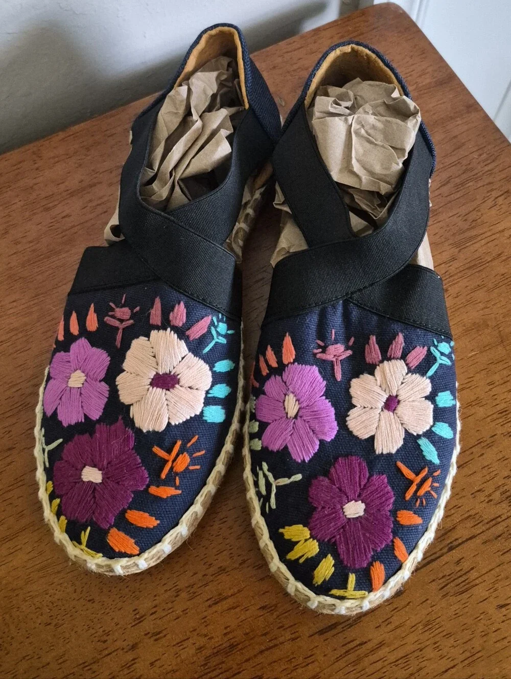 Womans Navy Espadrille Slip-Ons with Colorful Floral Embroidery
